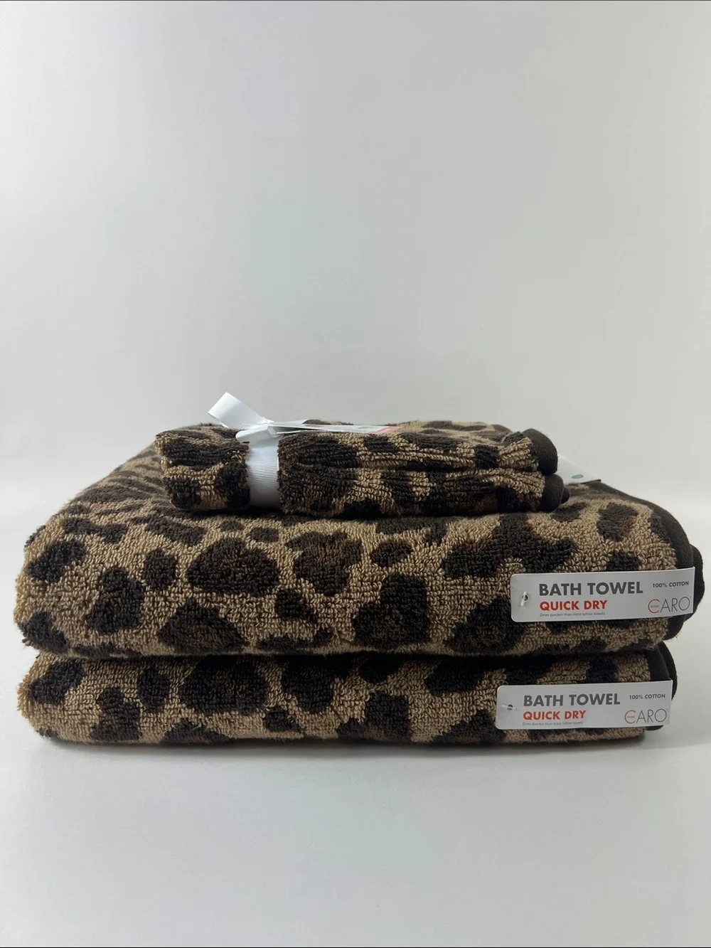 Caro Home Bath Towels Brown Tan Leopard Print Quick Dry Cotton 4 Pc Set NEW